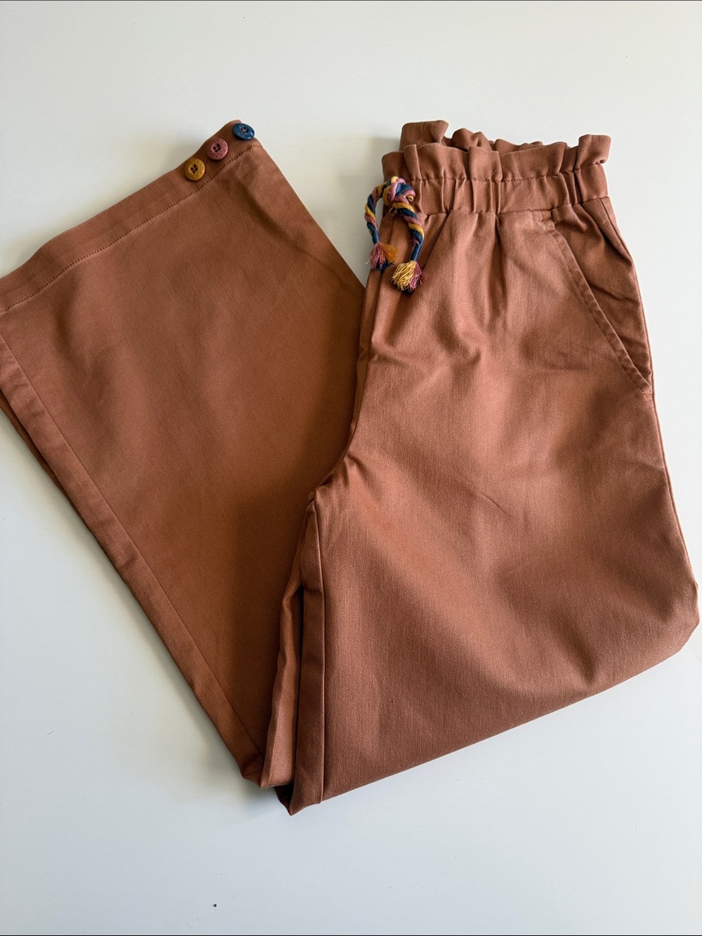 Matilda Jane Rust Brown Wide Legged Pants Colorful Drawstring/Buttons Sz 10 NWT